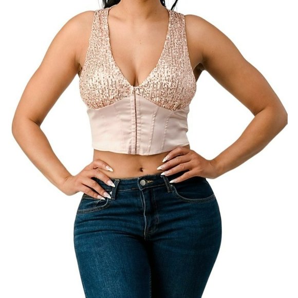 privy Tops - Privy Sleeveless Sequin V-Neck Corset Crop Top Pink Size Small NWT